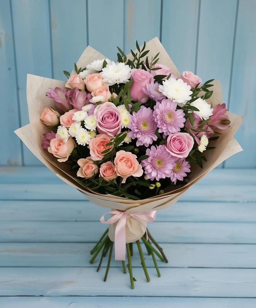 Букет цветов из: Хризантемы, Розы и Альстромерии в Поселке Биокомбината