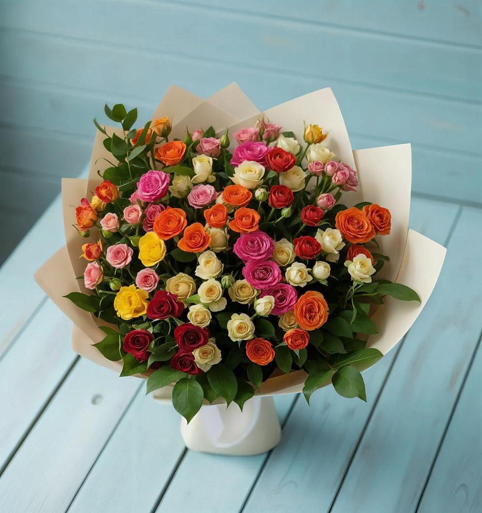 Букет Микс из разноцветных кустовых роз в Поселке Биокомбината