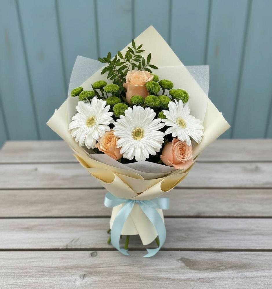 Букет цветов из: Герберы, Розы и Хризантемы в Поселке Биокомбината