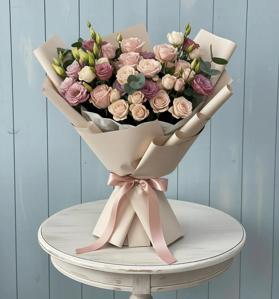 Букет цветов из: Розы и Лизиантусы в Поселке Биокомбината