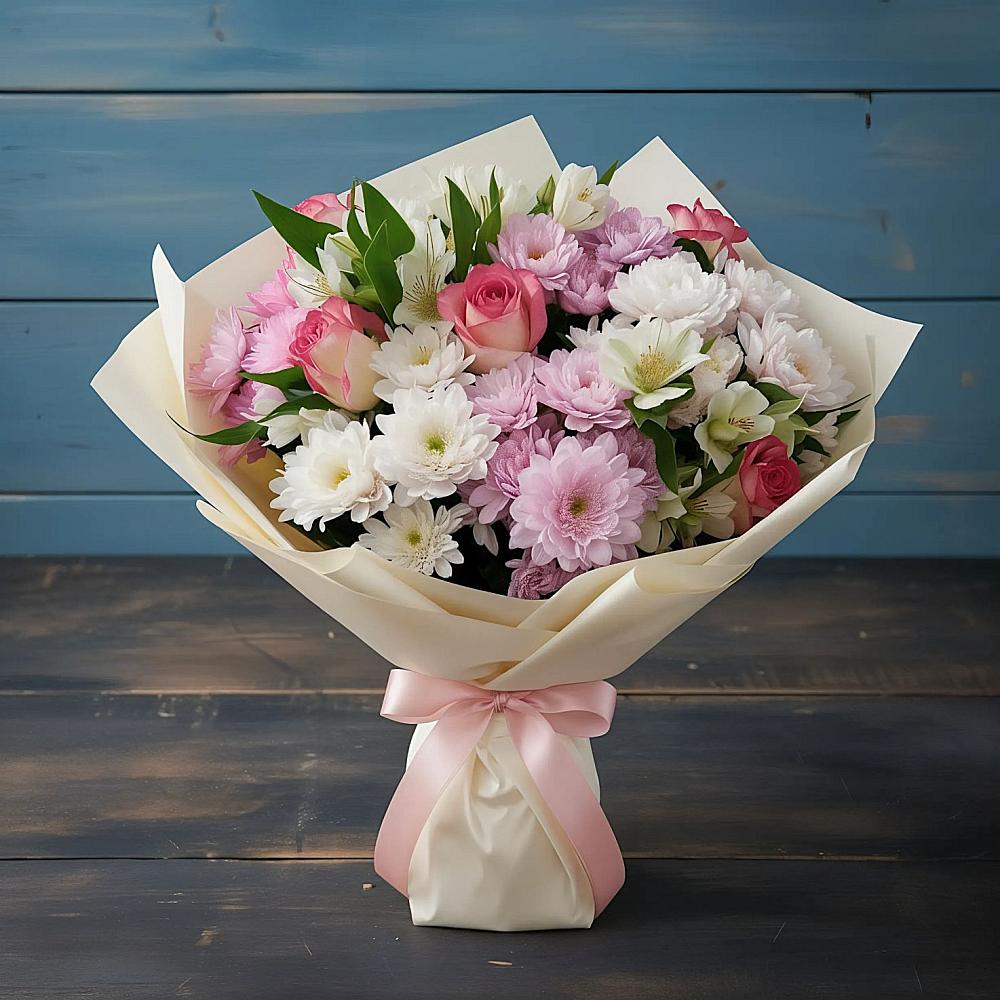 Букет цветов из: Хризантемы, Альстромерии и Розы в Поселке Биокомбината